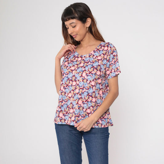 70s Floral Print Blouse Pink Blue Burgundy Short Sleeve Top Large