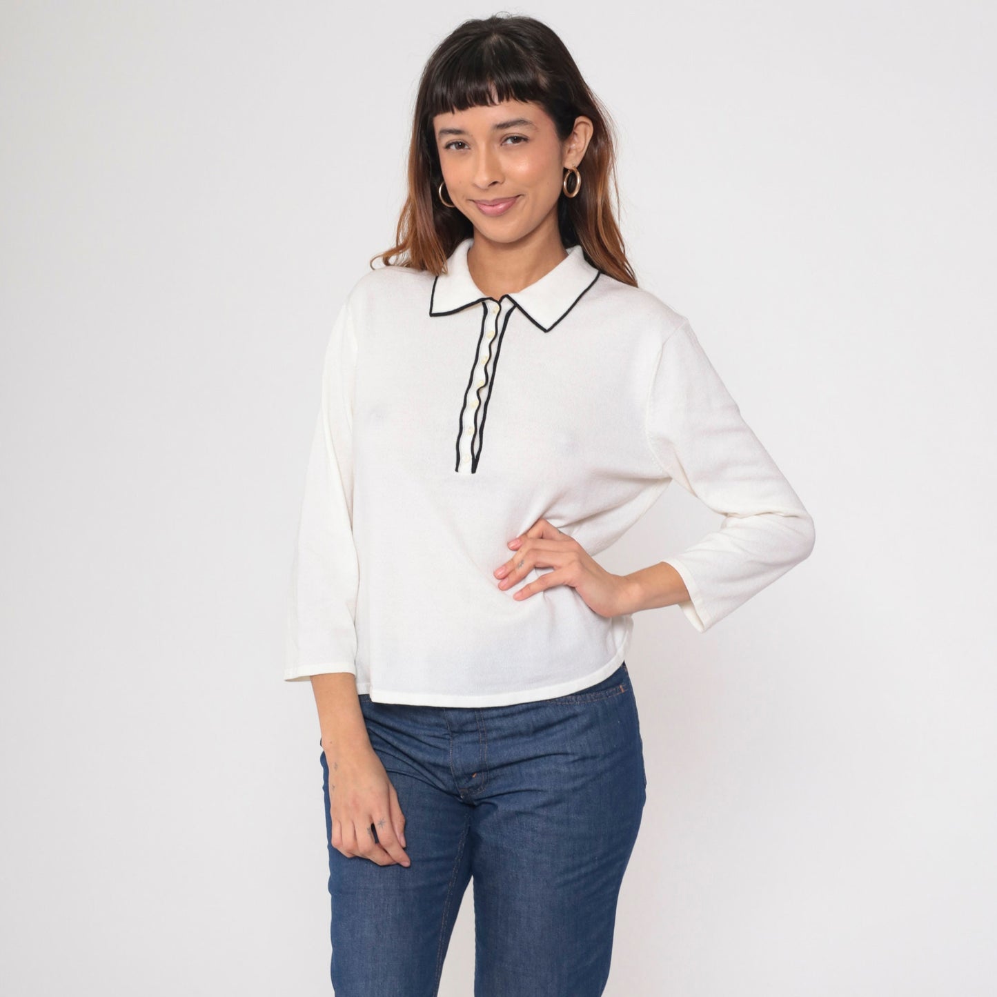 90s White Polo Sweater Black Trim Collared Knit Pullover Medium M