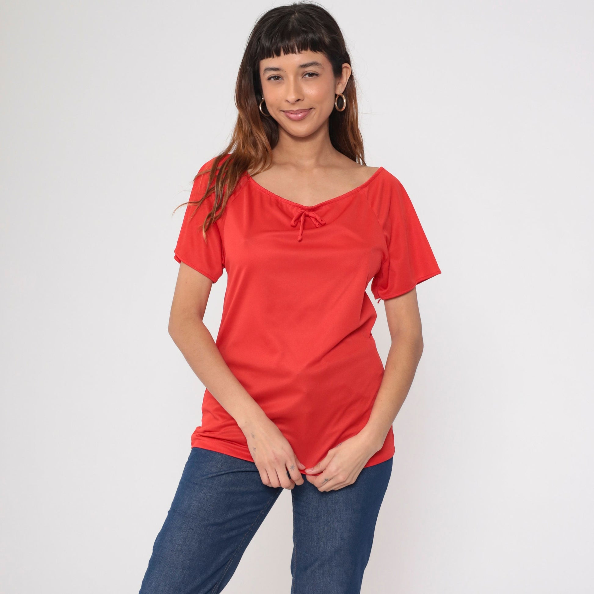 70s Red Bow Neck Blouse Short Raglan Sleeve Tunic Top Extra Small