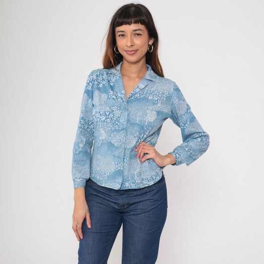 70s Alex Coman Sportswear Tree Floral Print Button-Up Blouse Blue Medium