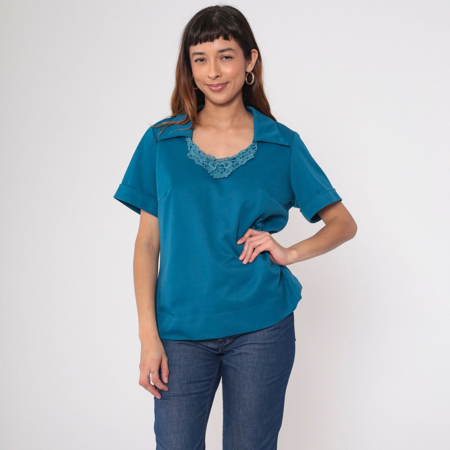 70s Blue Lace Collar Blouse Pointed Crochet Trim Short Sleeve Large L