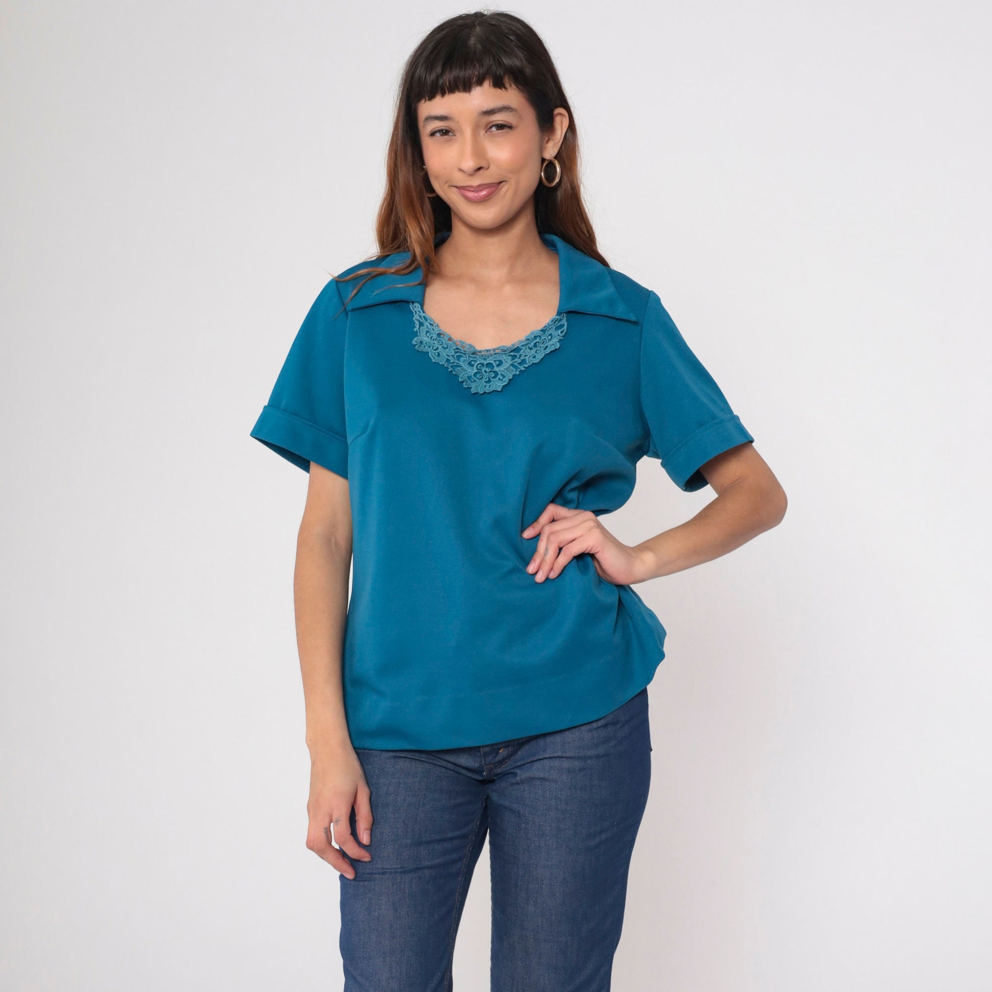 70s Blue Lace Collar Blouse Pointed Crochet Trim Short Sleeve Large L
