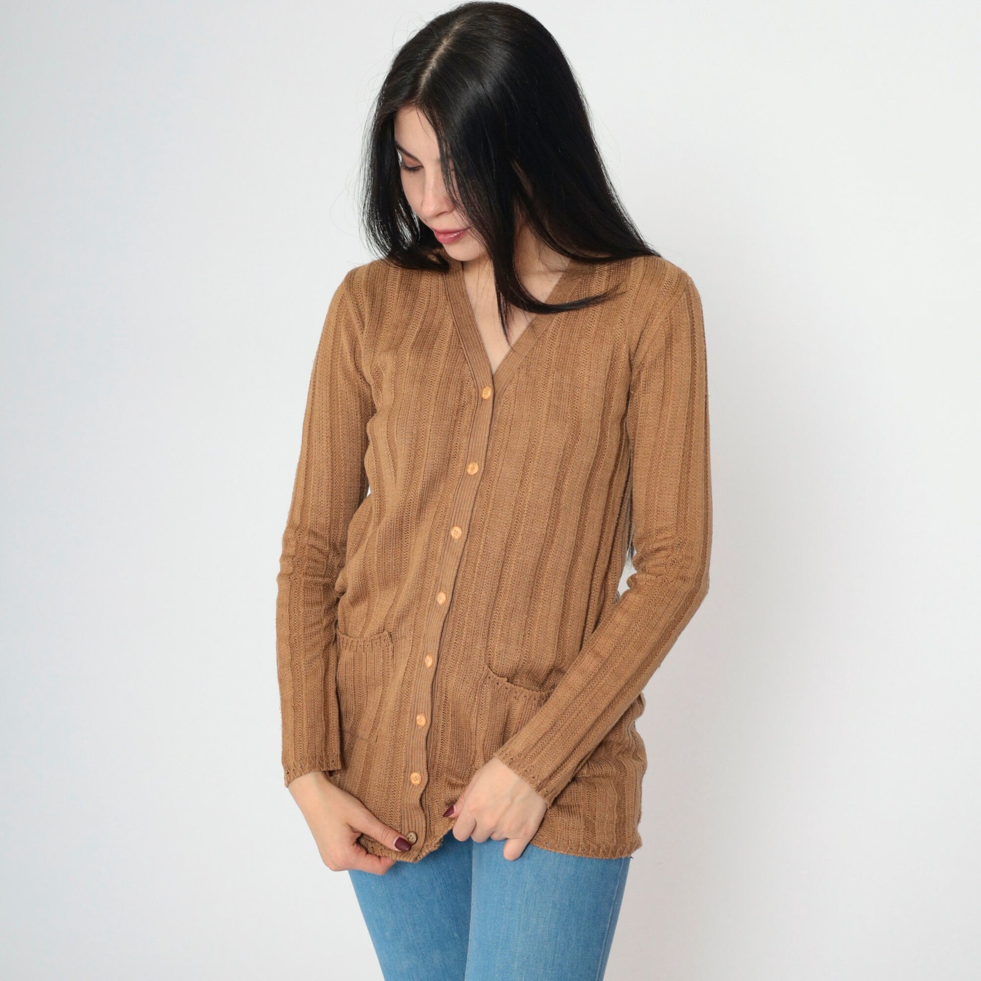 90s Brown Ribbed Cardigan Button-Up Knit Sweater V-Neck Small S