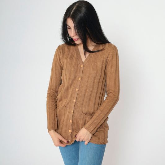 90s Brown Ribbed Cardigan Button-Up Knit Sweater V-Neck Small S