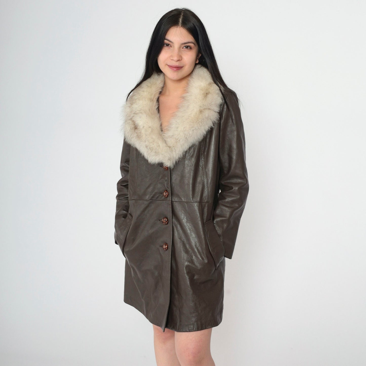 70s Brown Leather Jacket Fur Collar Button-Up Tailored Small S
