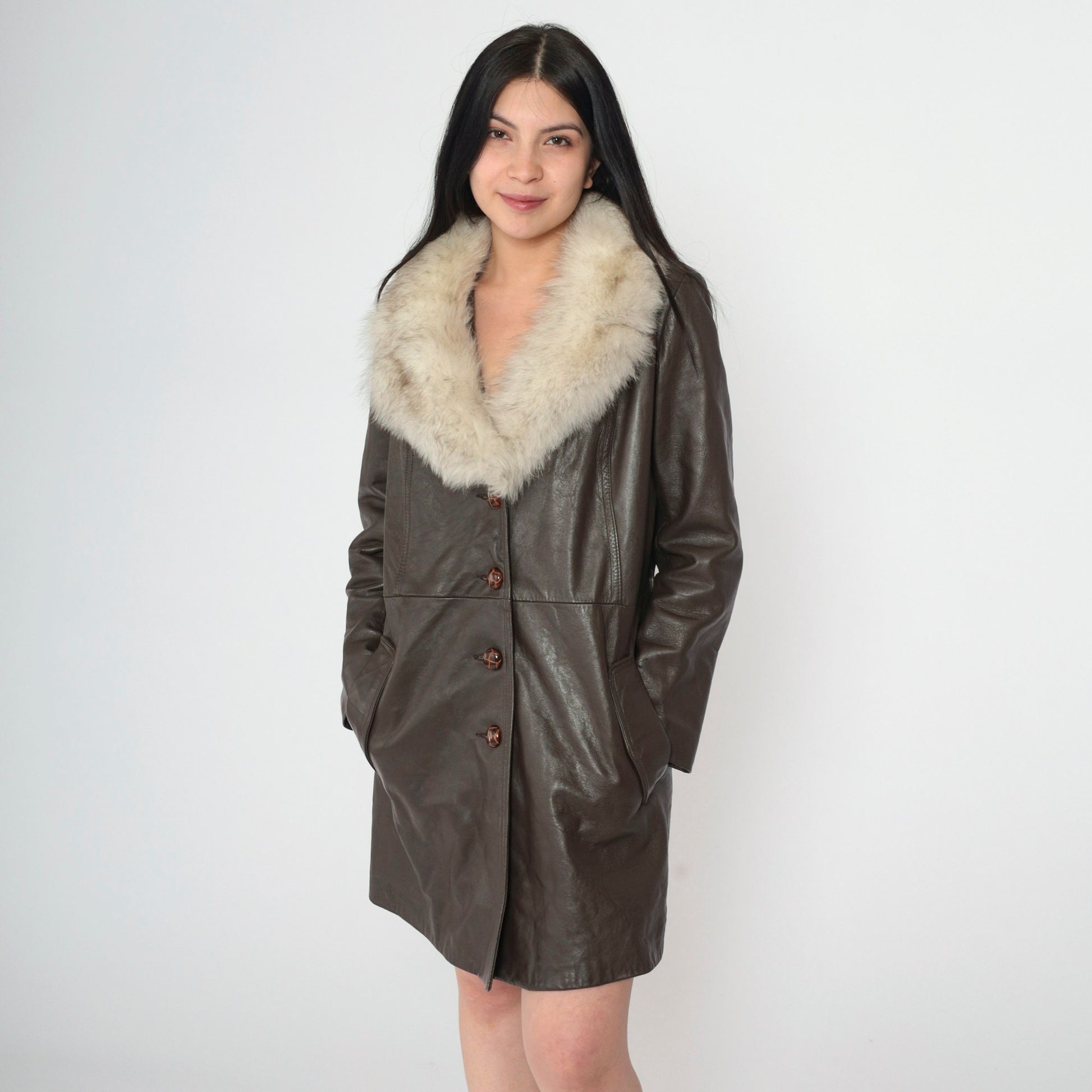 70s Brown Leather Jacket Fur Collar Button-Up Tailored Small S