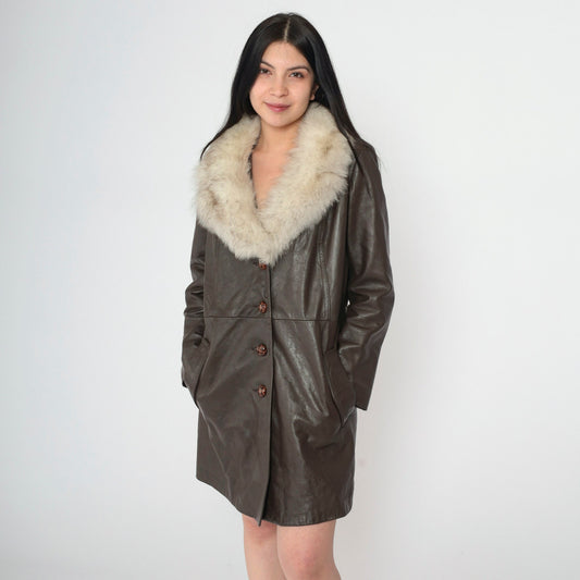 70s Brown Leather Jacket Fur Collar Button-Up Tailored Small S