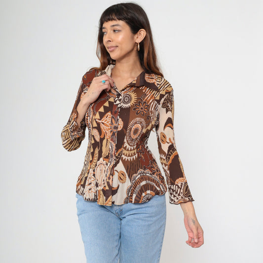 Y2K Brown Patchwork Geometric Floral Button-Up Blouse Bell Sleeve Medium