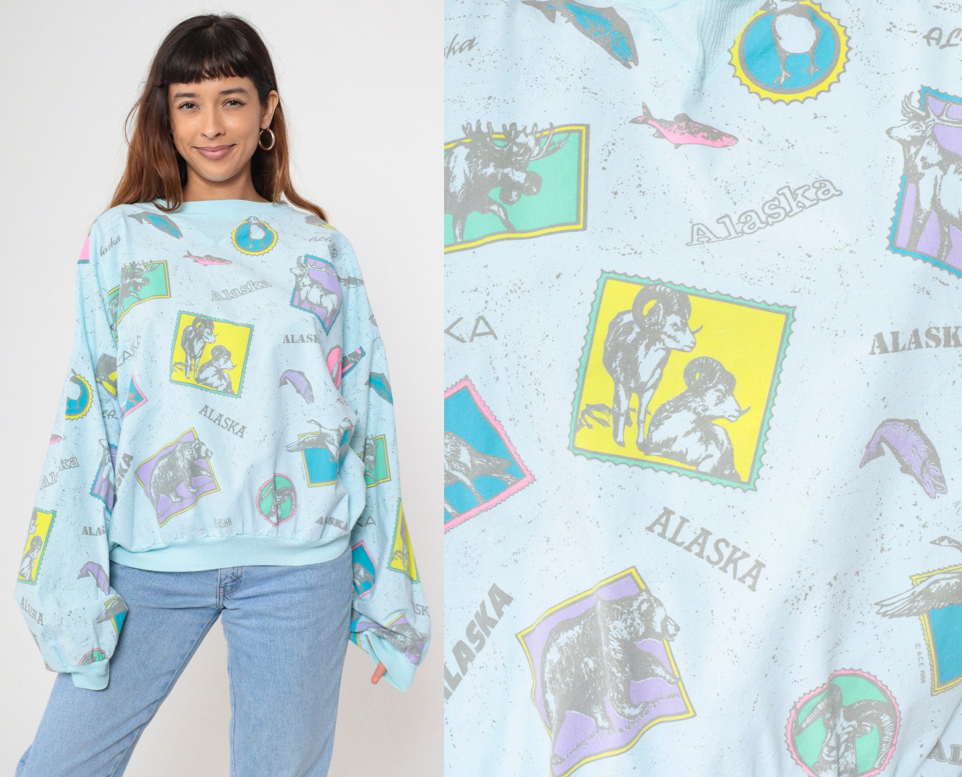 80s Alaska Wildlife Graphic Sweatshirt Light Blue Cotton Pullover Extra Large XL