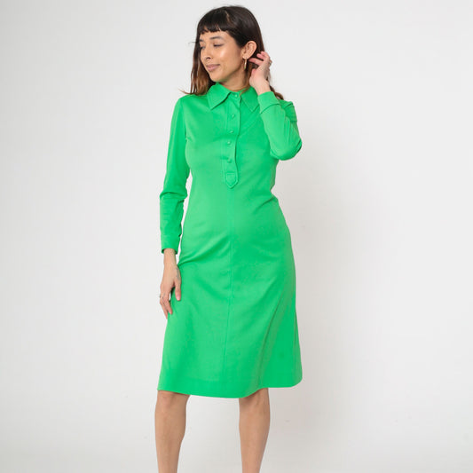 1970s Saks Fifth Avenue Lime Green Mod Shift Dress Collar Long Sleeve Small