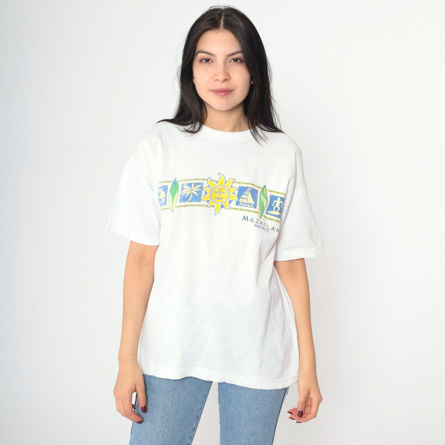 Y2K Mazatlan Mexico Graphic T-Shirt Celestial Sun Cotton White Medium