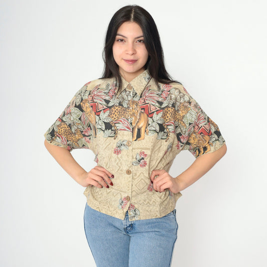 90s Safari Animal Print Button-Up Blouse Silver Glitter Lion Leopard Medium Large