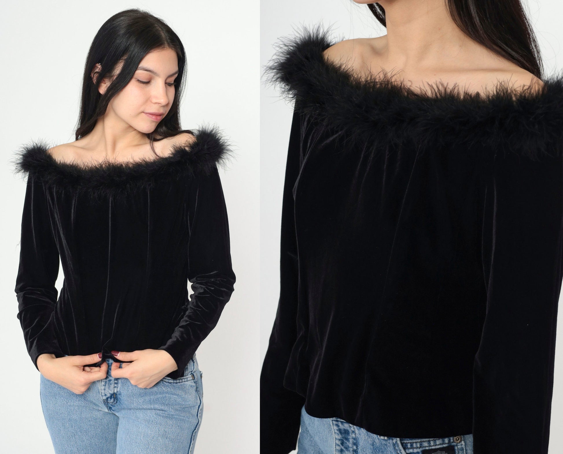 90s Alex Evenings Black Velvet Off-Shoulder Blouse Feather Trim Long Sleeve Large