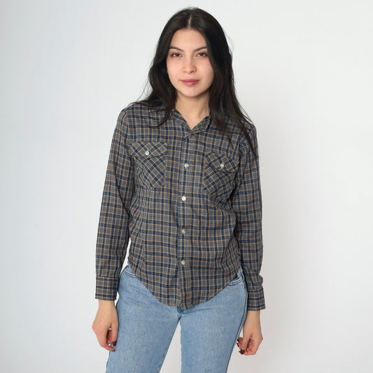 90s Blue Tan Plaid Button-Up Shirt Long Sleeve Chest Pocket Extra Small