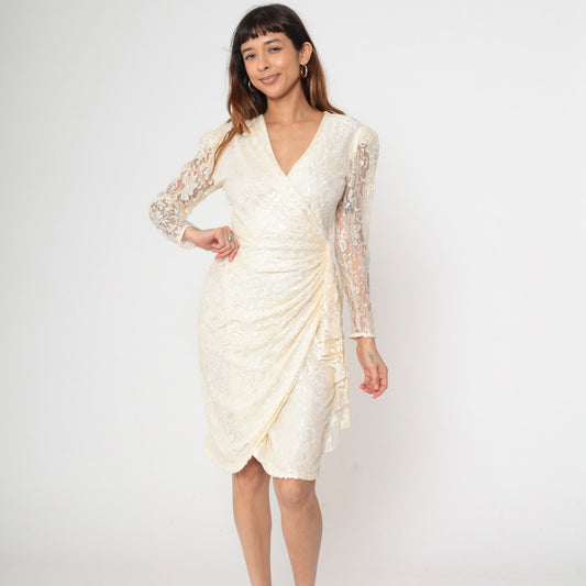 80s Ivory Lace Wrap Dress V-Neck Long Sleeve Sheath Knee-Length Small