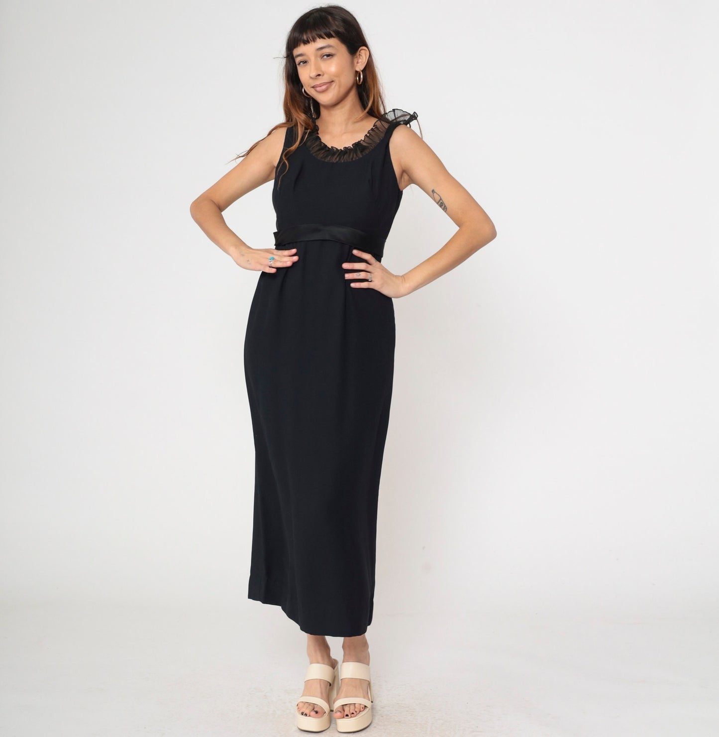 60s Black Empire Waist Maxi Dress Ruffled Neckline Satin Bow Small