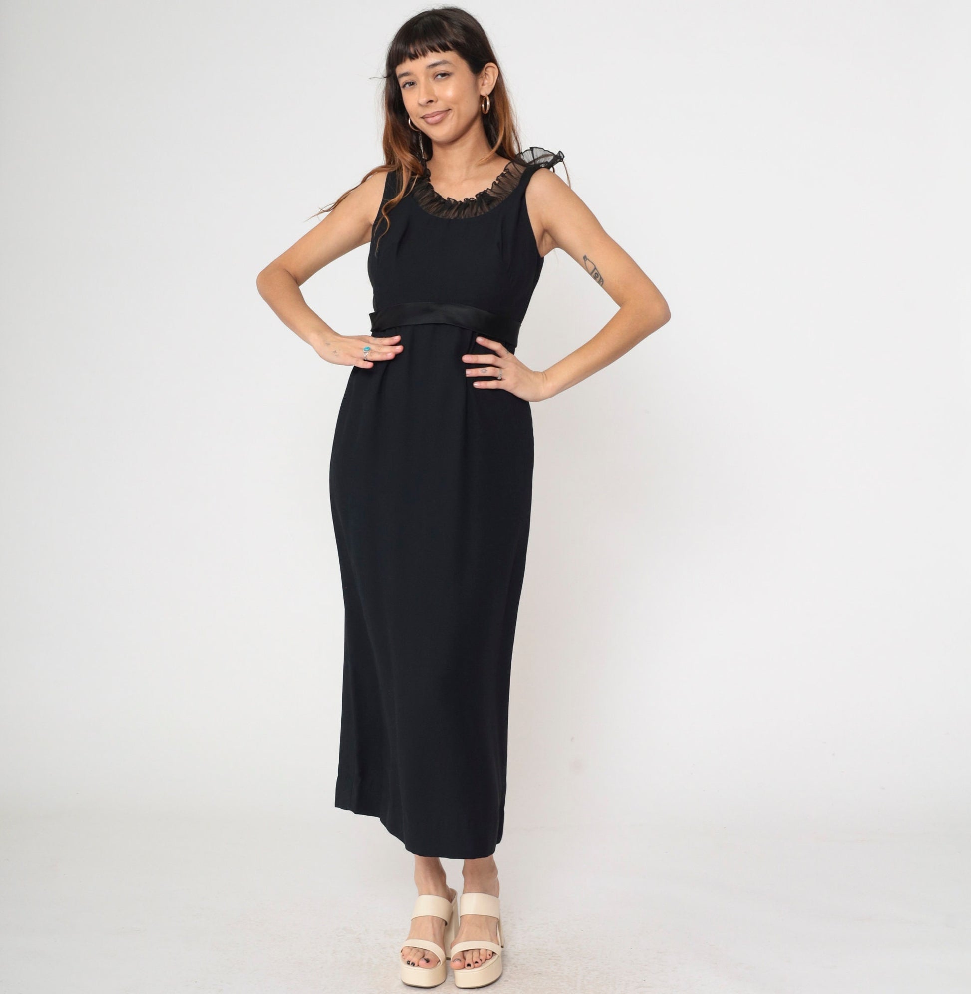 60s Black Empire Waist Maxi Dress Ruffled Neckline Satin Bow Small