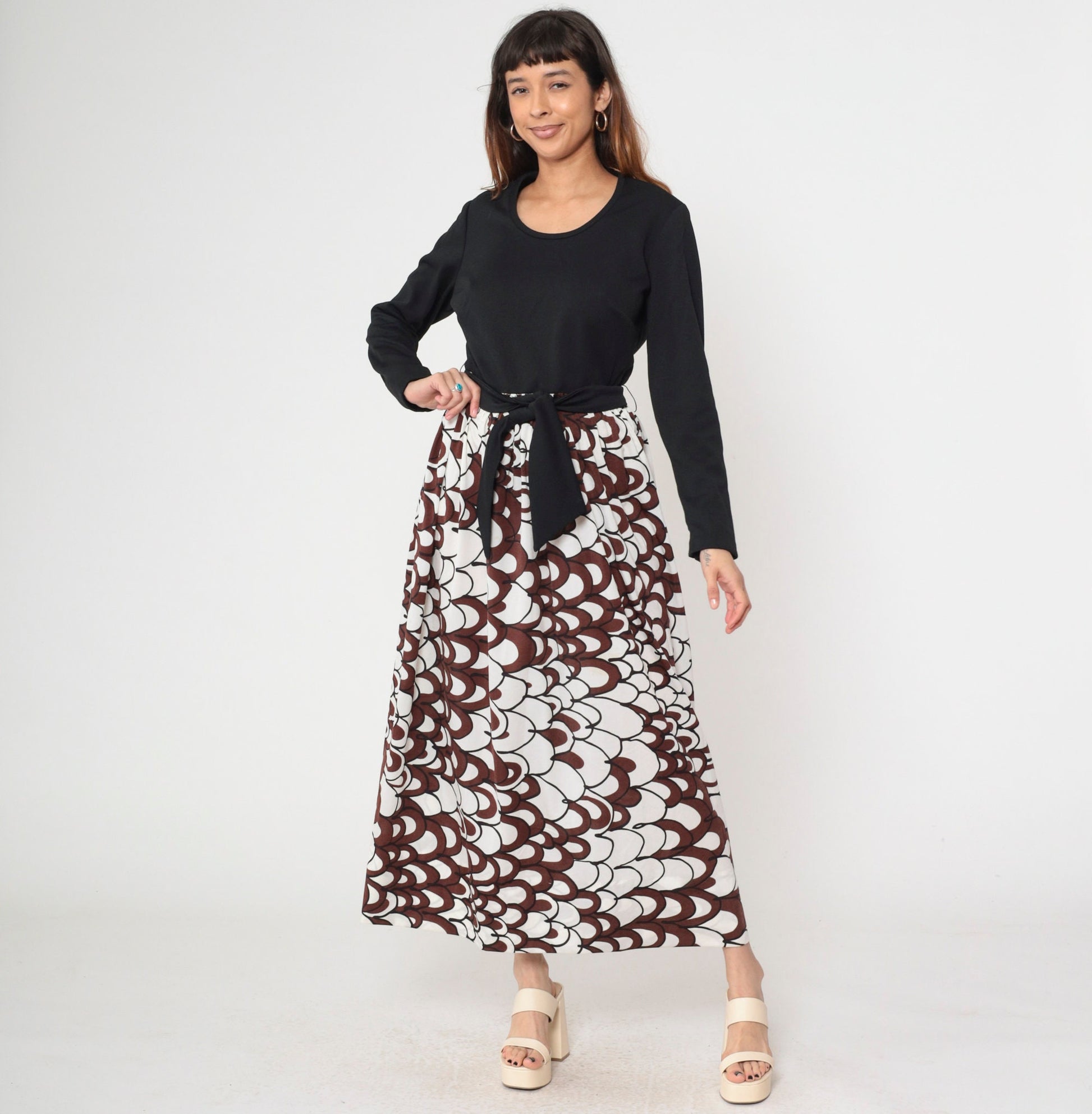 70s Psychedelic Brown White Maxi Dress A-Line High Waist Long Sleeve Large L