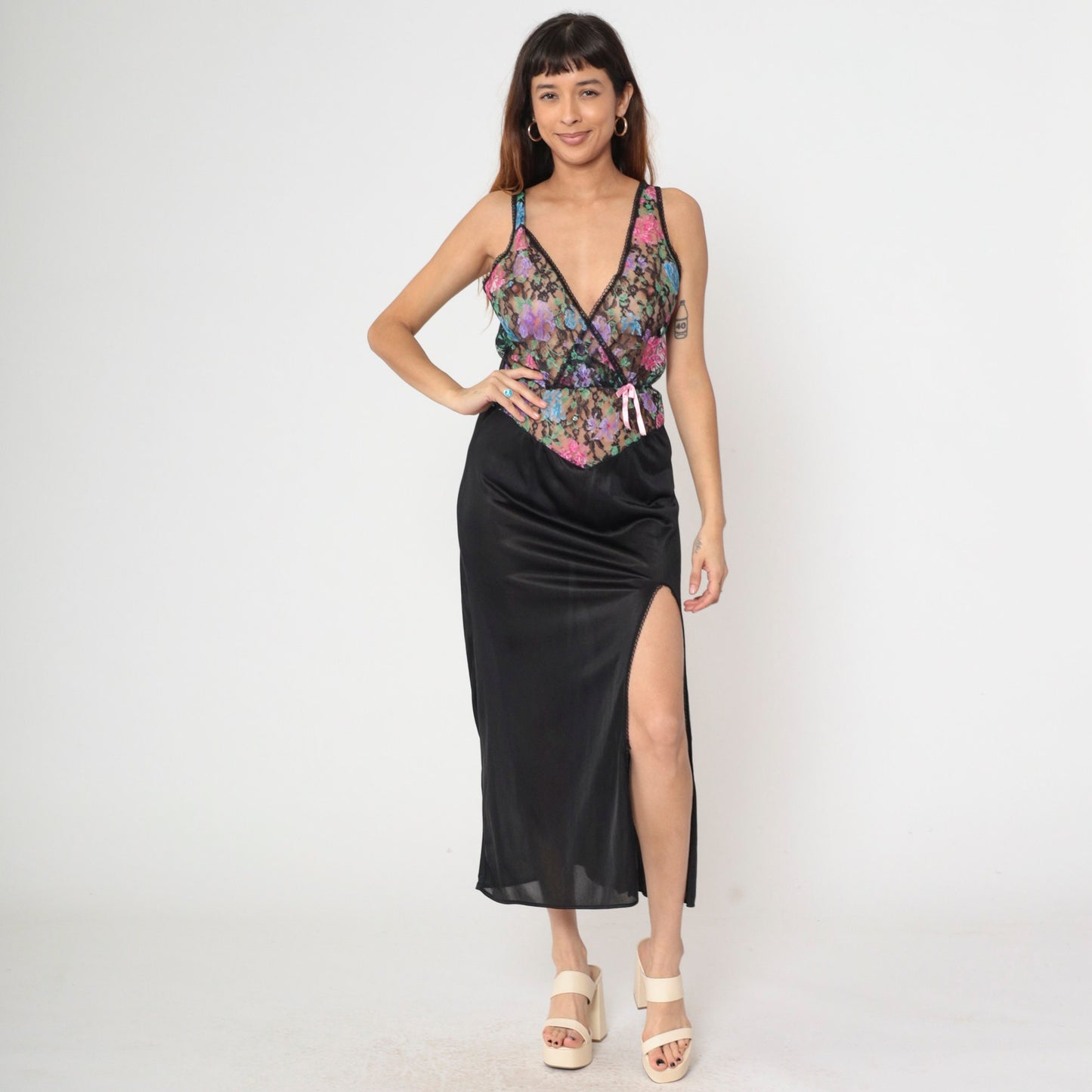 80s Floral Lace Black Maxi Slip Dress Deep V Neck Side Slit Nightgown Small