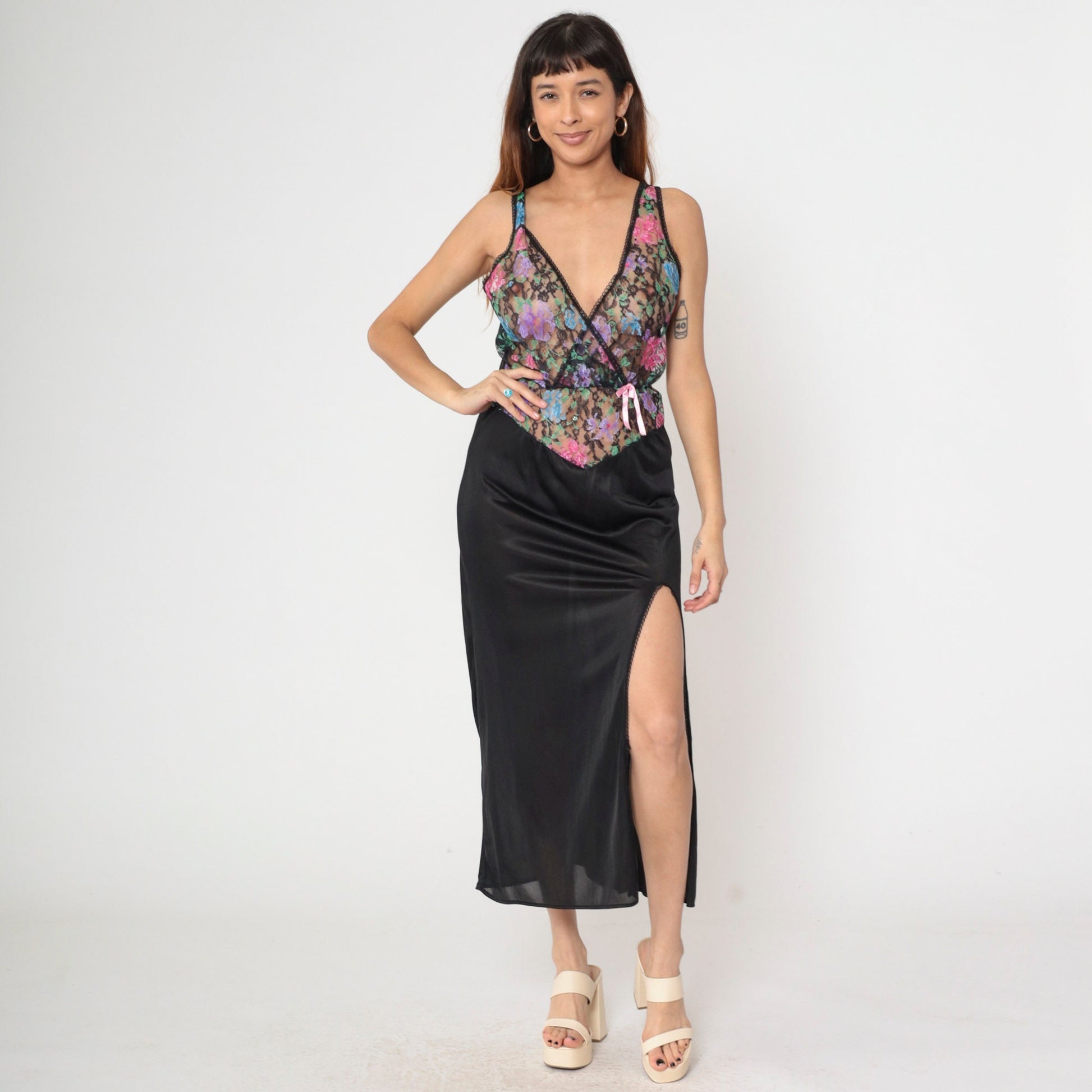 80s Floral Lace Black Maxi Slip Dress Deep V Neck Side Slit Nightgown Small