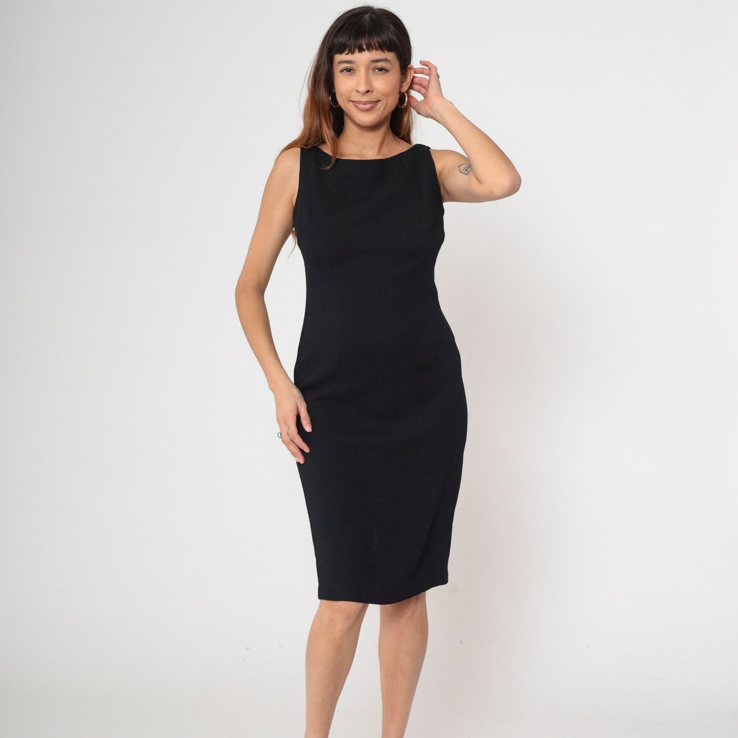 90s Black Mini Sheath Dress Sleeveless Boatneck Zipper Back Small
