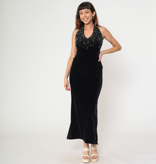 90s Dave & Johnny Black Velvet Halter Maxi Dress Beaded Sequin Sheath Extra Small