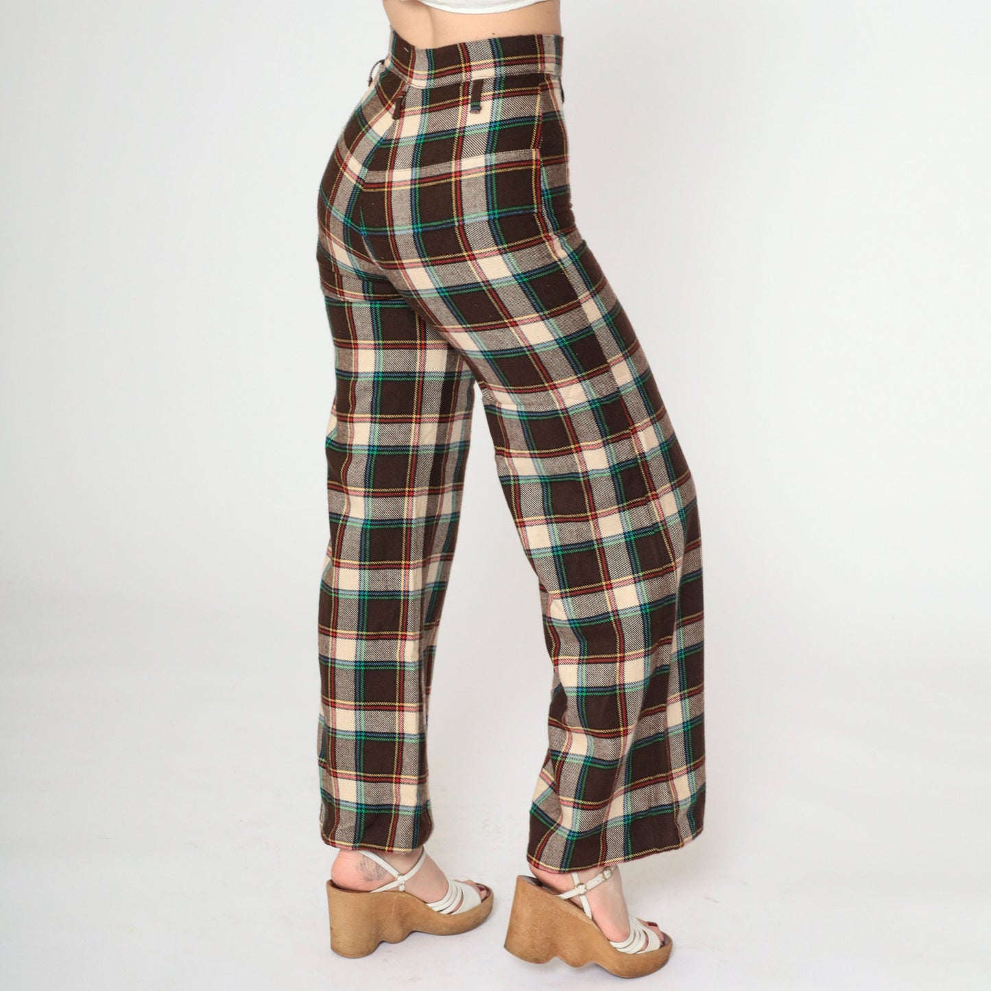 70s Dark Brown Plaid Flared Trousers High Waisted Bell Bottoms Extra Small