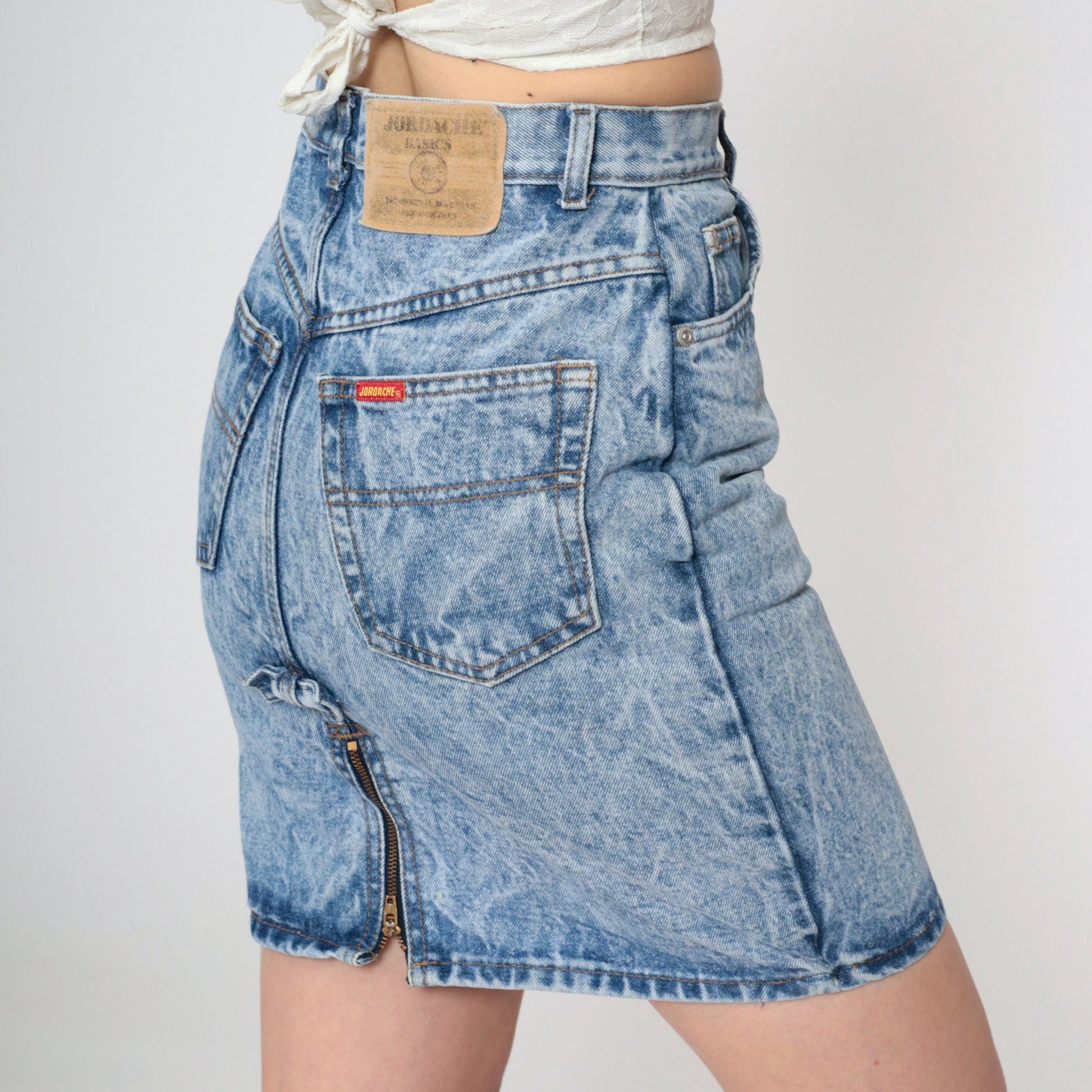 Jordache Acid Wash Denim Mini Skirt 90s High Waist Pencil Blue Small