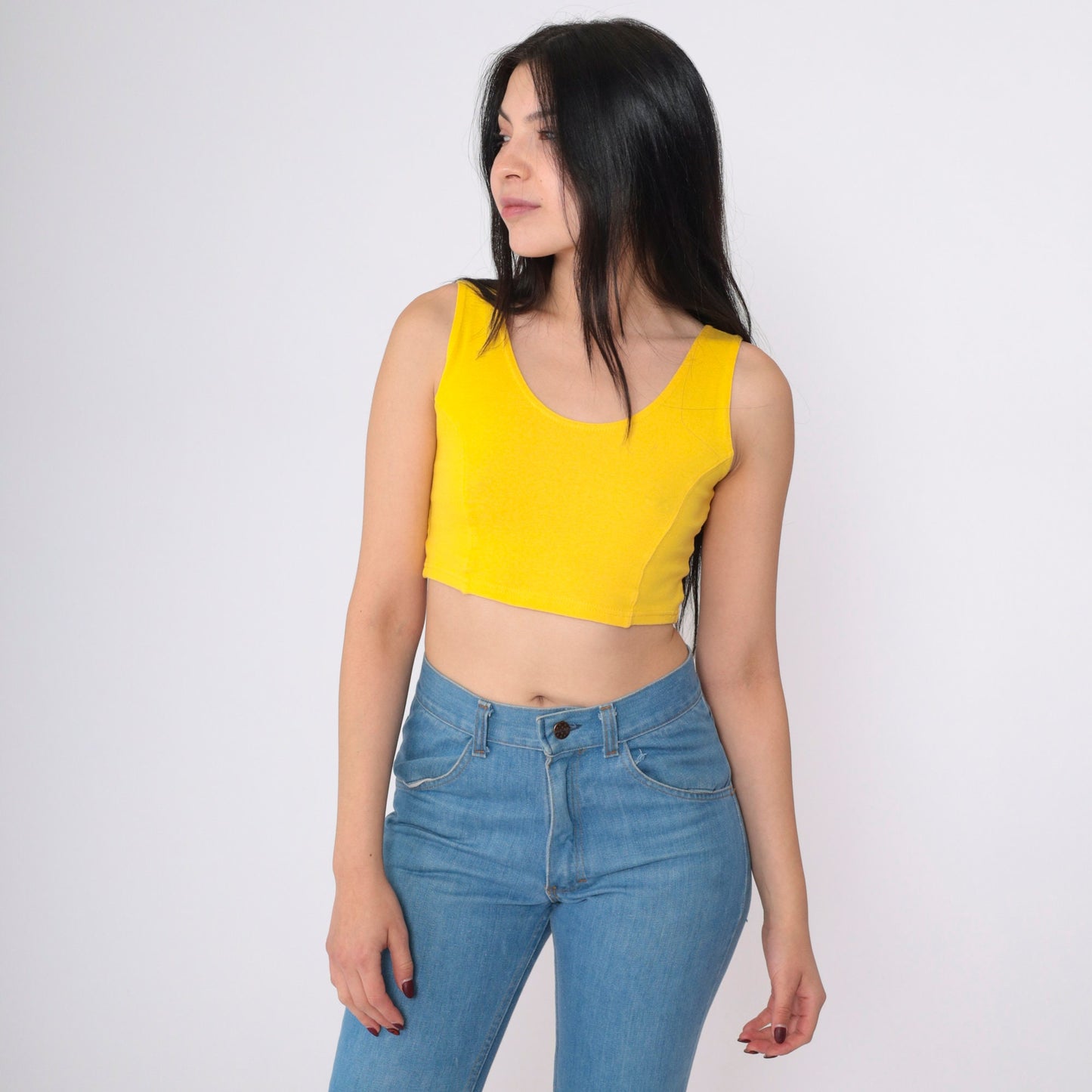 90s Yellow Scoop Neck Crop Tank Top Tight Fitted Small