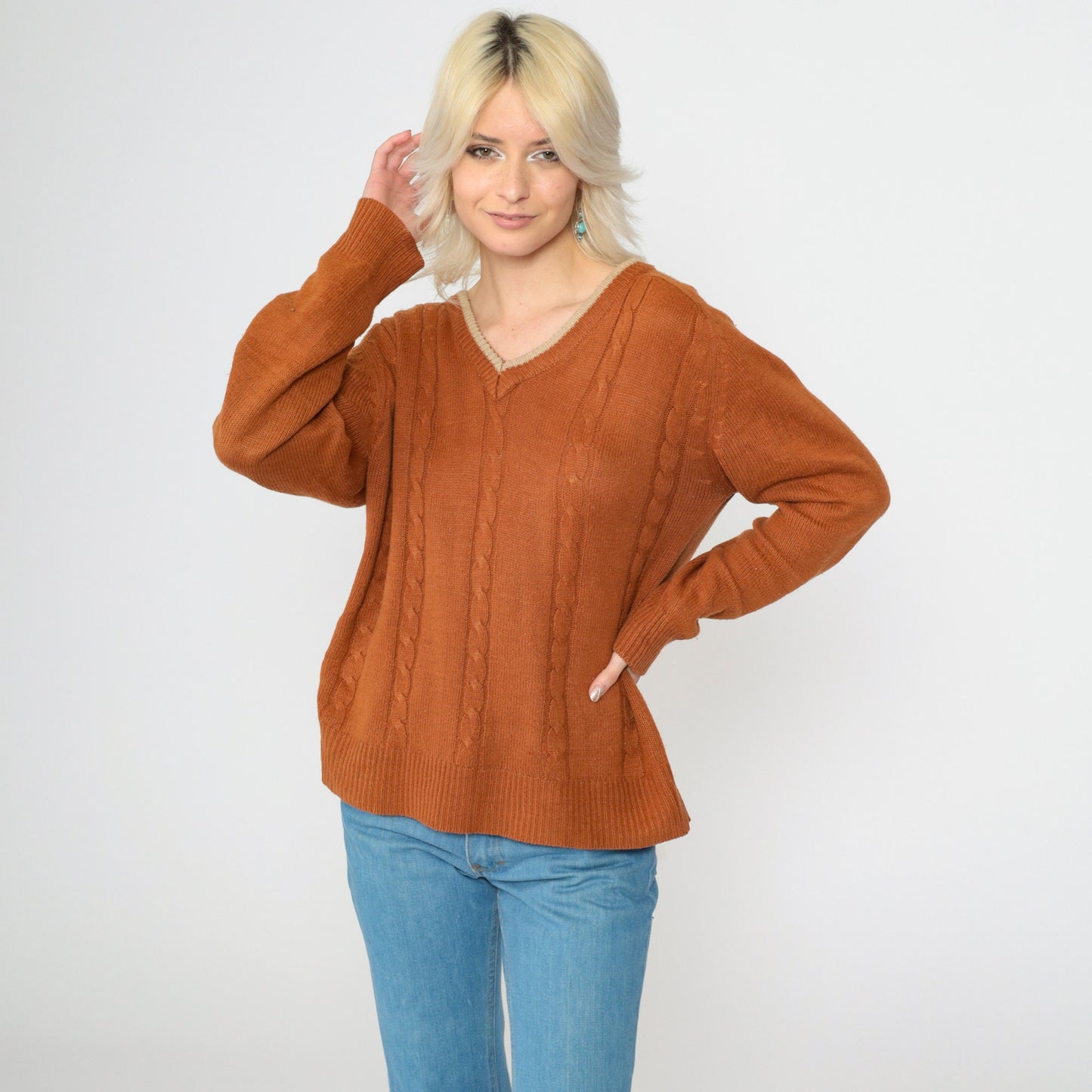70s Van Cortt Cable Knit V-Neck Sweater Burnt Orange Pullover Large
