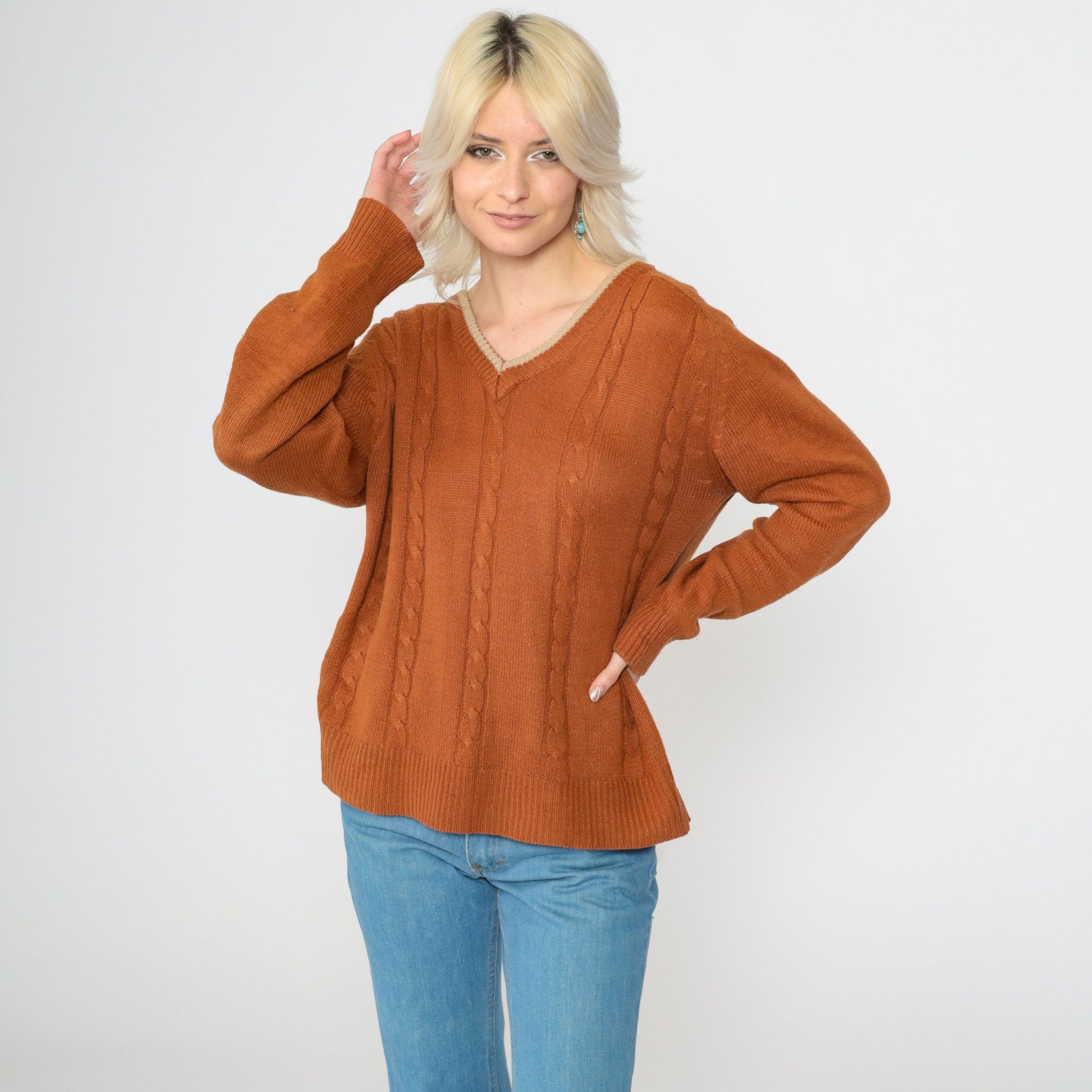 70s Van Cortt Cable Knit V-Neck Sweater Burnt Orange Pullover Large