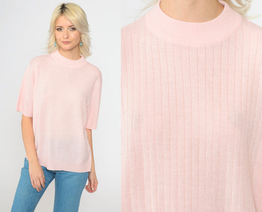 90s Sag Harbor Pink Metallic Knit Sweater Mock Neck Short Sleeve Extra Large XXL