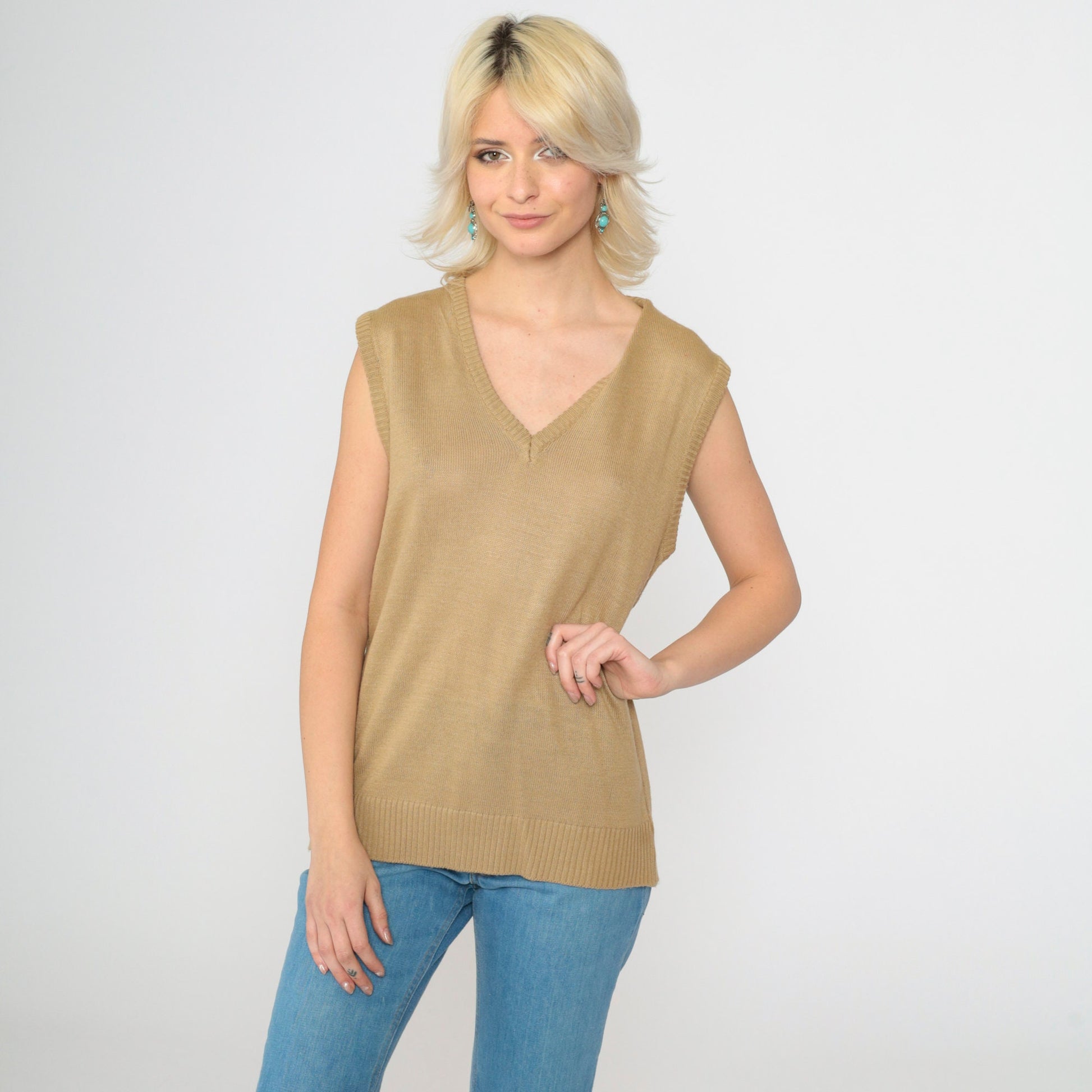 70s Tan Knit Sweater Vest V-Neck Sleeveless Tank Top Medium