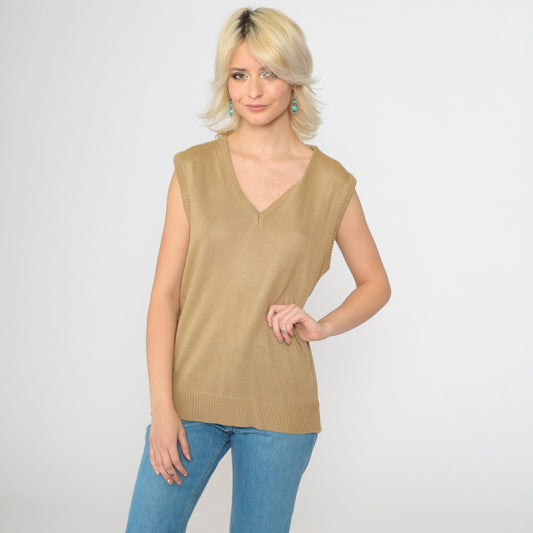 70s Tan Knit Sweater Vest V-Neck Sleeveless Tank Top Medium
