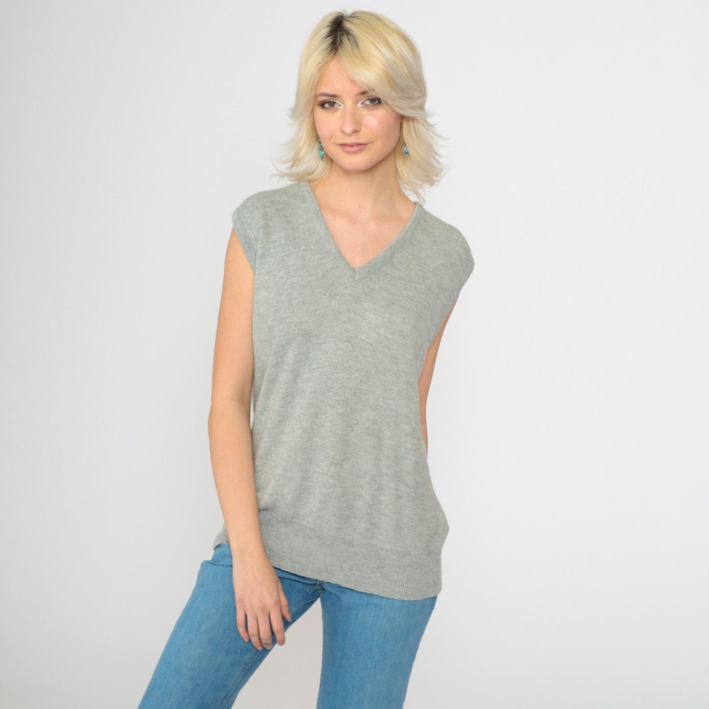 80s Grey V-Neck Sweater Vest Knit Tank Sleeveless Large
