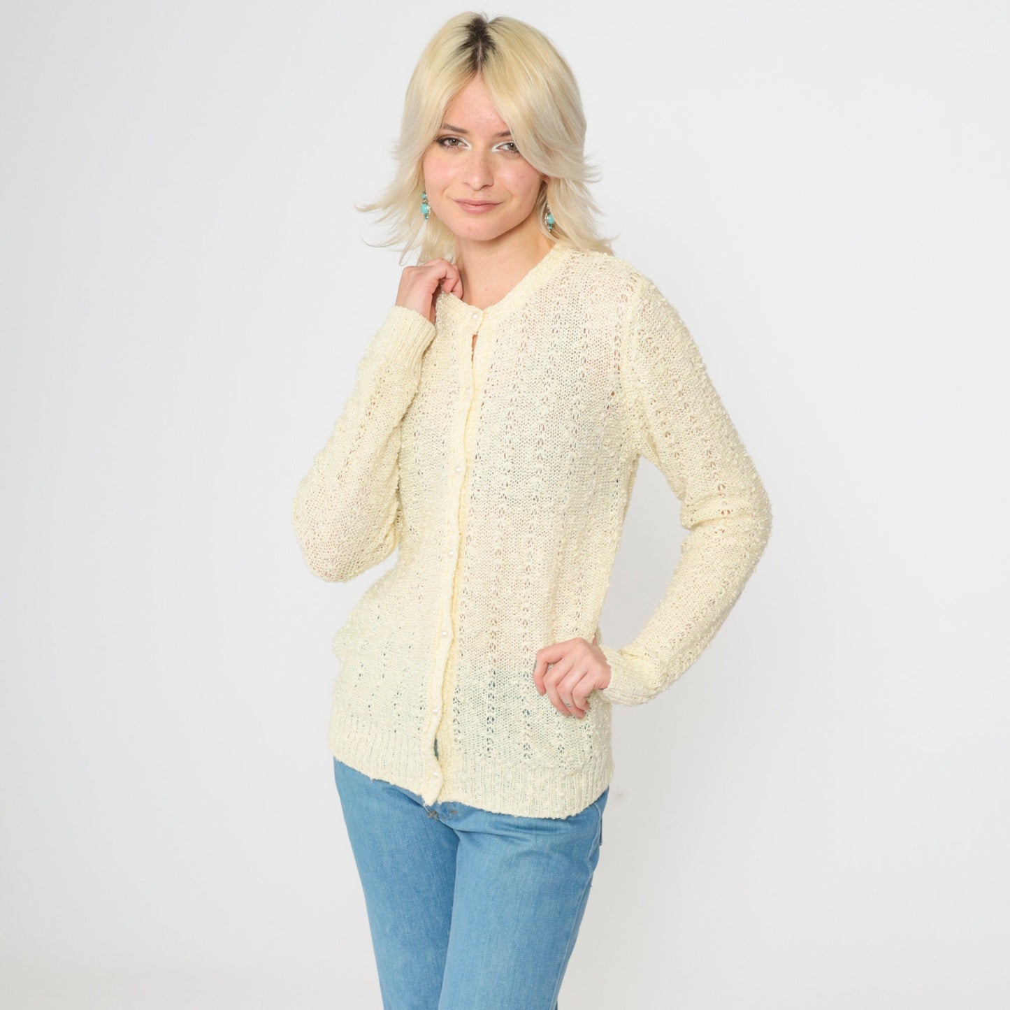 80s Le Roy Knitwear Pale Yellow Cardigan Pearl Buttons Pointelle Knit Small