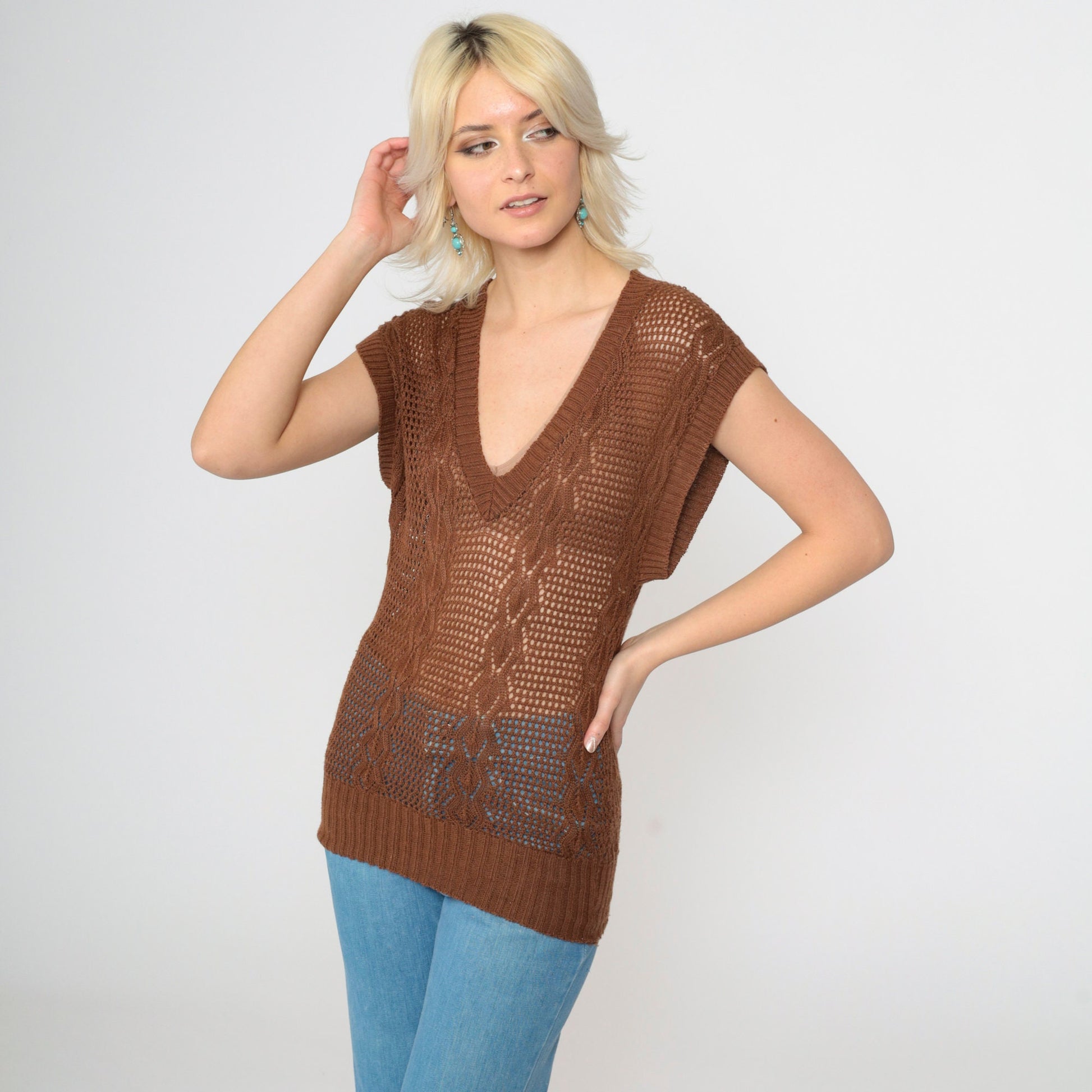 80s Brown Sheer Knit Sweater Vest V-Neck Cap Sleeve Extra Small