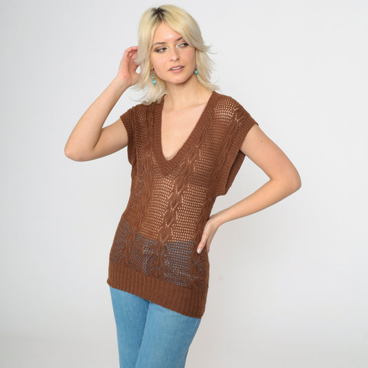 80s Brown Sheer Knit Sweater Vest V-Neck Cap Sleeve Extra Small