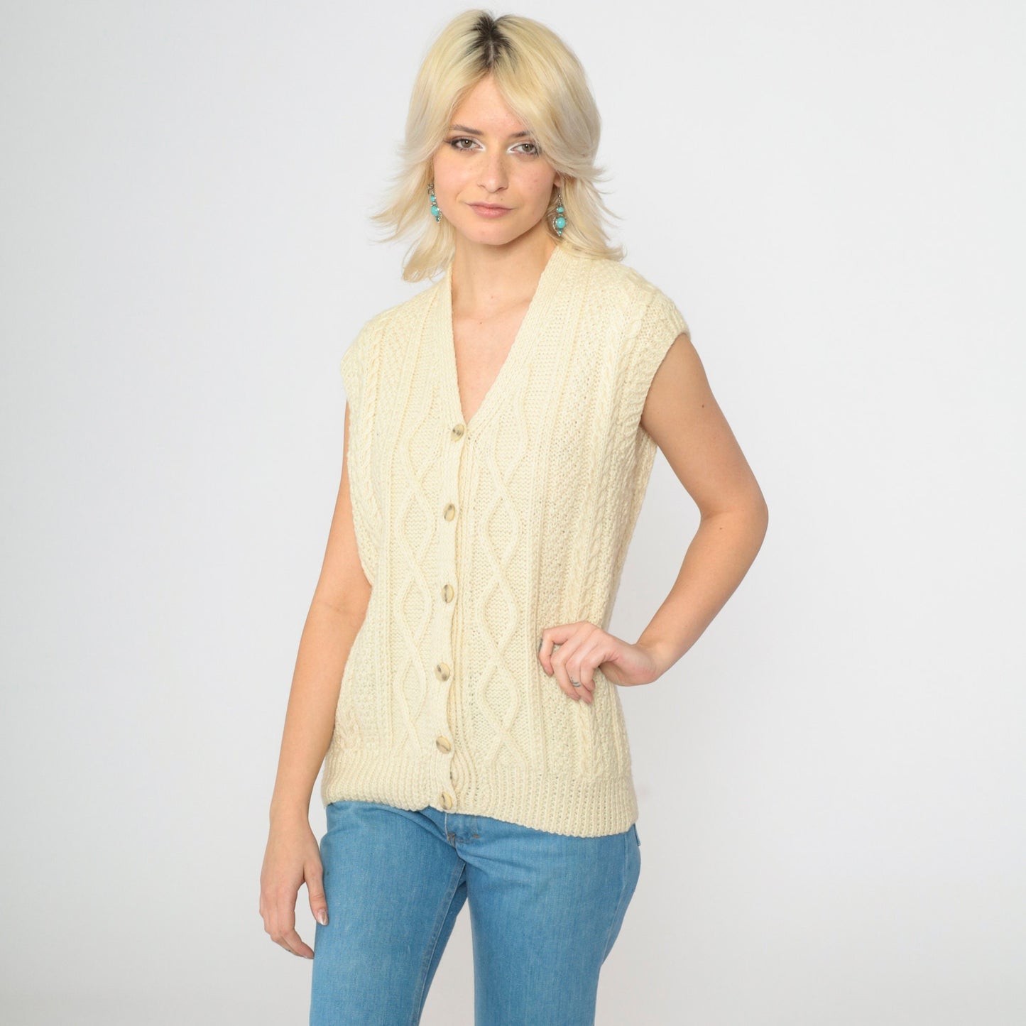 70s Cream Cable Knit Sweater Vest V Neck Button Front Wool Blend Small