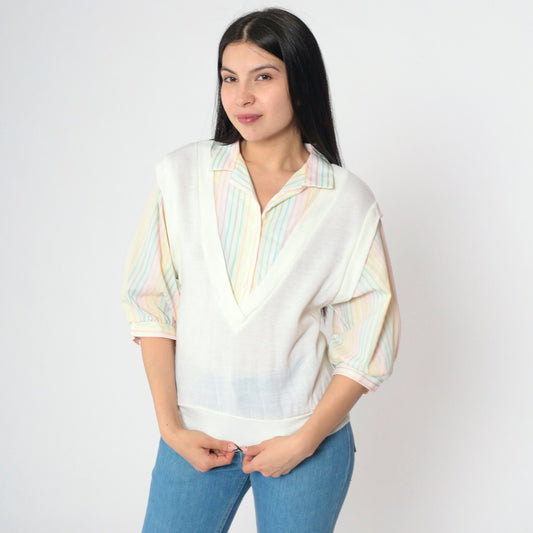 80s Rainbow Striped White Button-Up Blouse with Attached Vest 3/4 Sleeve Medium