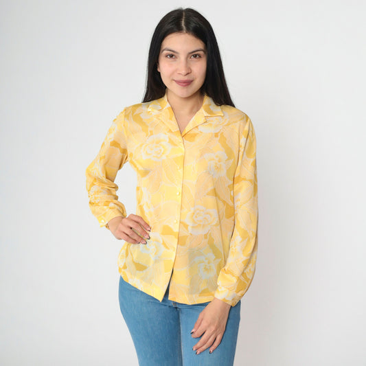70s Floral Button-Up Shirt Yellow Flower Print Long Sleeve Medium