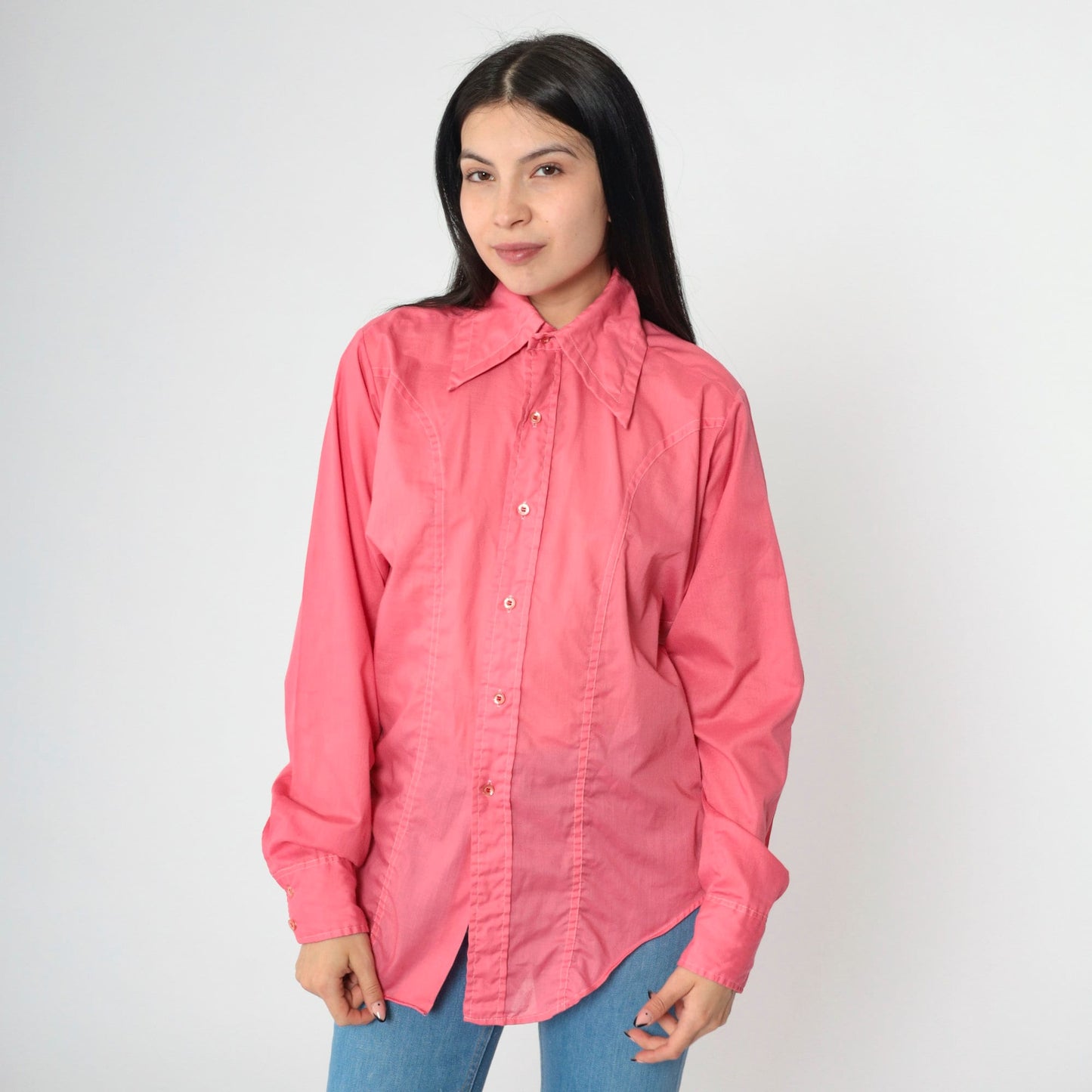 70s Cambridge Pink Dagger Collar Button-Up Shirt Long Sleeve Small