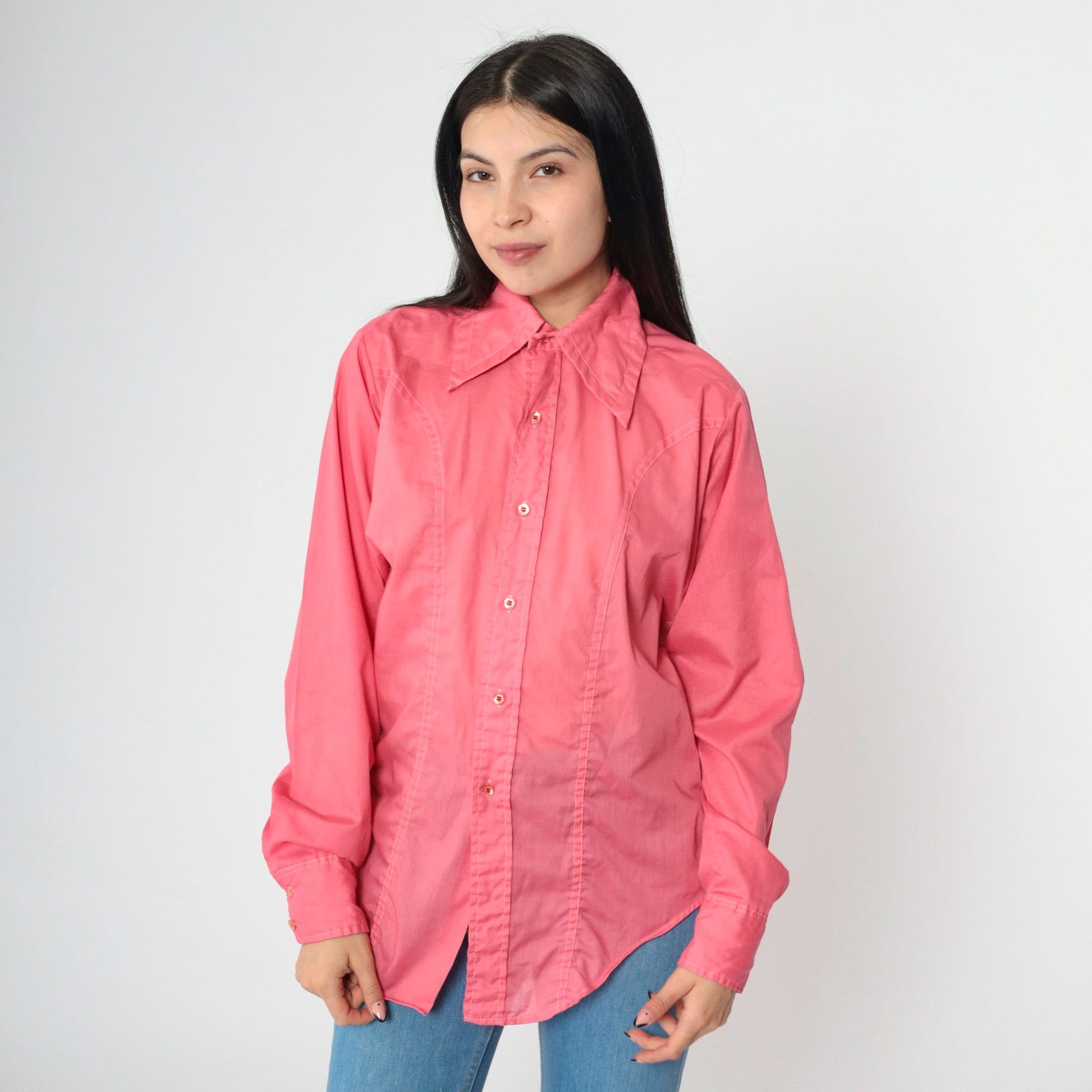70s Cambridge Pink Dagger Collar Button-Up Shirt Long Sleeve Small