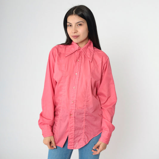 70s Cambridge Pink Dagger Collar Button-Up Shirt Long Sleeve Small