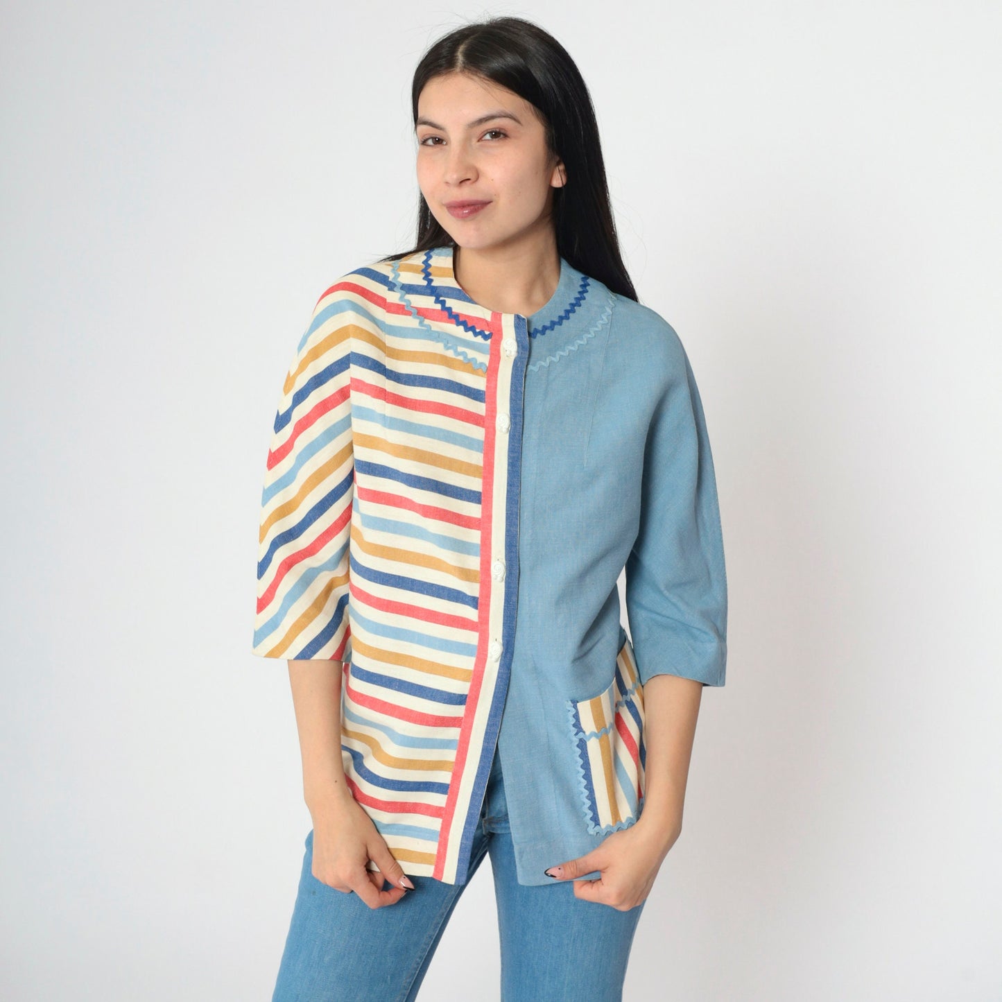 60s Striped Button-Up Blouse Blue Multicolor Rickrack Trim Pocket Small S