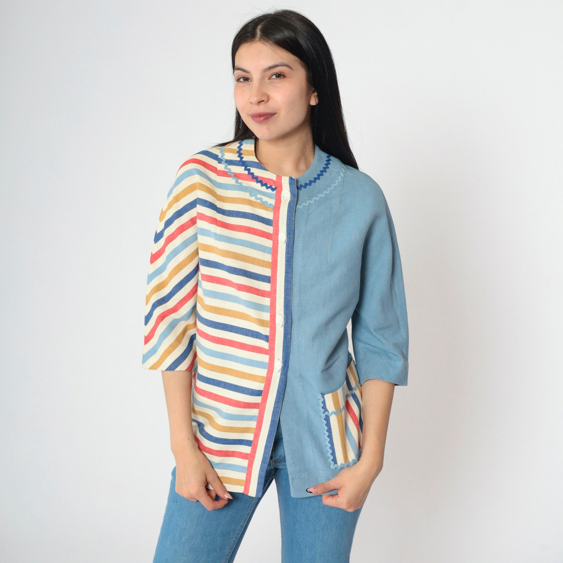 60s Striped Button-Up Blouse Blue Multicolor Rickrack Trim Pocket Small S