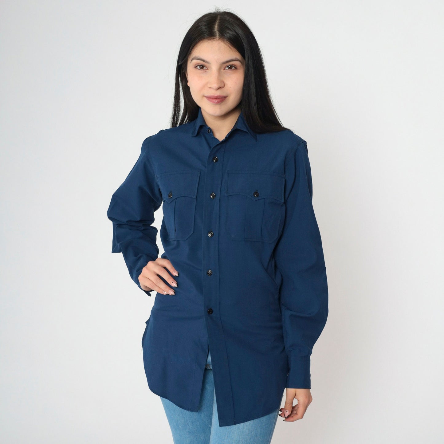 70s Wide Awake Navy Wool Blend Work Shirt Long Sleeve Button-Up XS