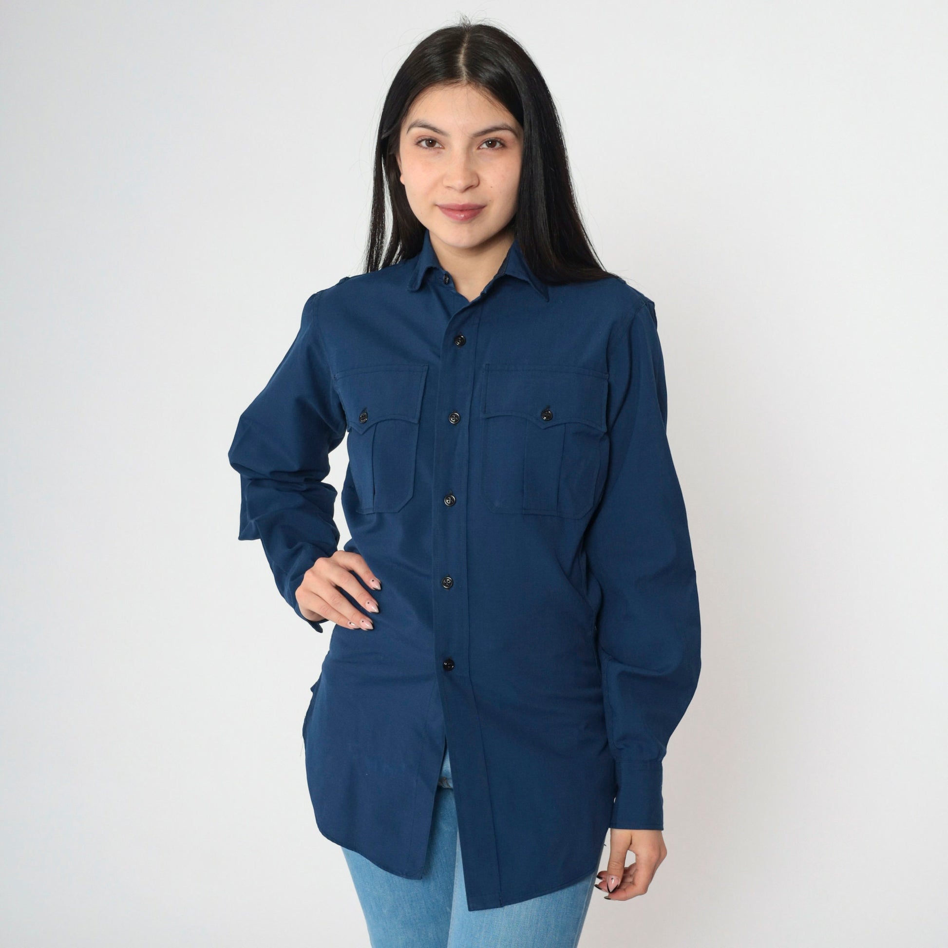 70s Wide Awake Navy Wool Blend Work Shirt Long Sleeve Button-Up XS