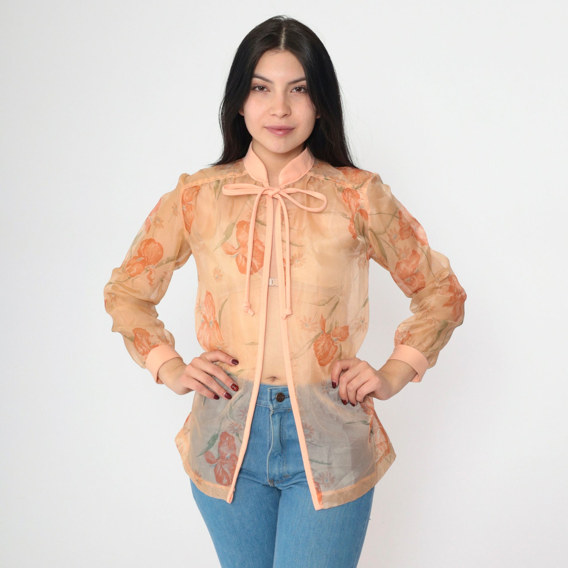 70s Sheer Floral Open Front Jacket Orange Tie Neck Medium