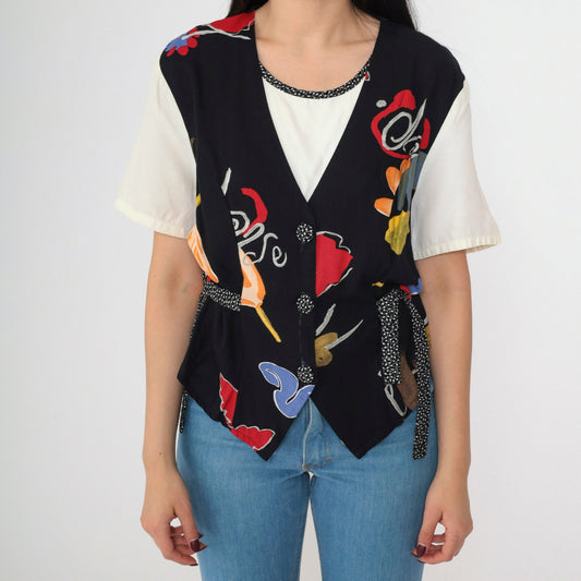 90s Kathie Lee Abstract Floral Button-Up Blouse with Attached Vest White Black Medium